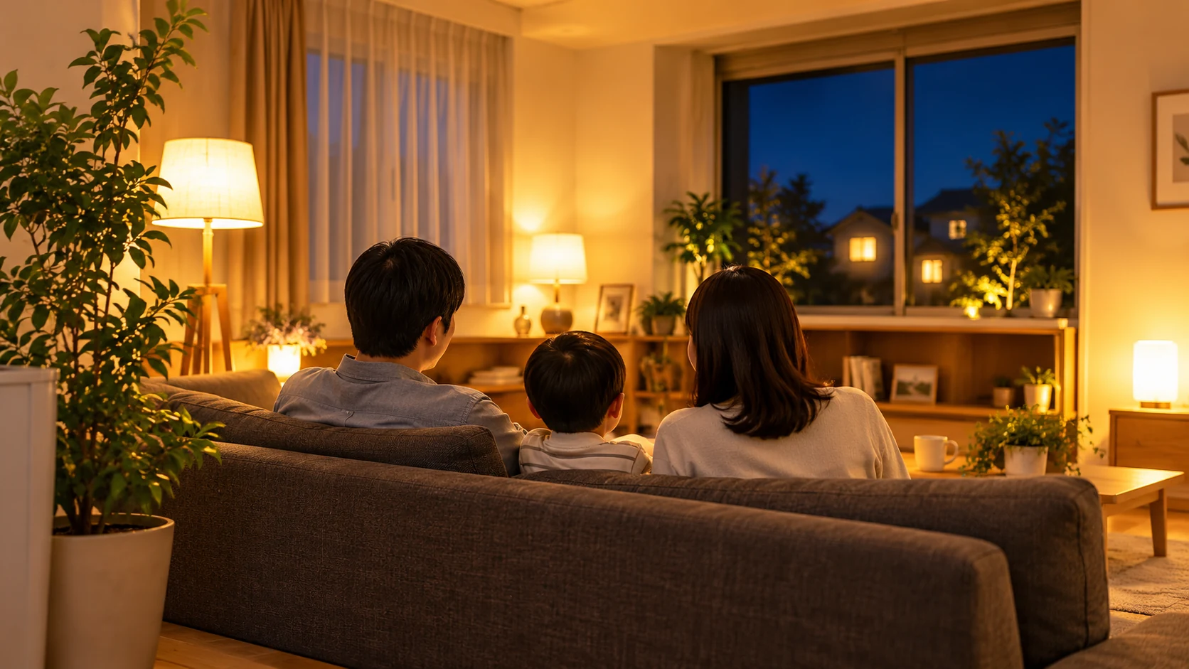 夜のリビングで家族がくつろぐイメージ