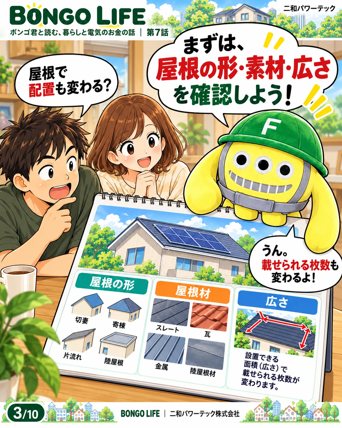屋根の形や屋根材、広さを確認します。載せられるパネルの枚数は、家ごとに変わります。