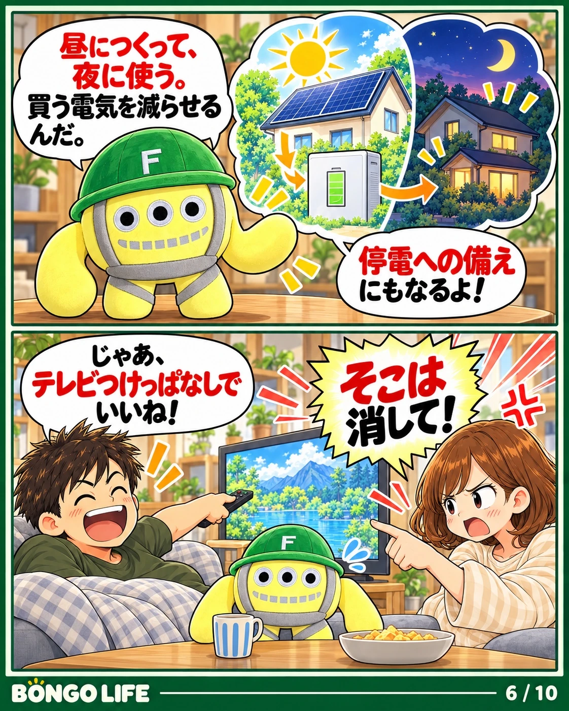太陽光の電気を昼につくり、蓄電池にためて夜に使うと、買う電気を減らすことにつながります。停電への備えにも。だからといって、つけっぱなしでよいわけではありません。